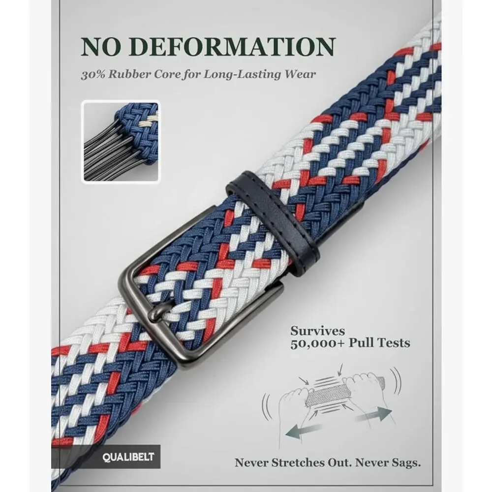 Qualibelt Mens Red White and Blue Woven Belt w/Leather Tips 44-50